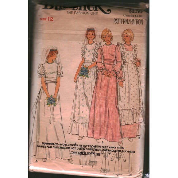 Butterick Other - Vintage Butterick 4888 Bridal Gown Pinafore Sewing Pattern Size 12 Prairie 1970s